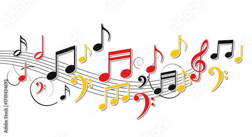 A flowing musical staff with black, red, and yellow notes and clefs on a white background.