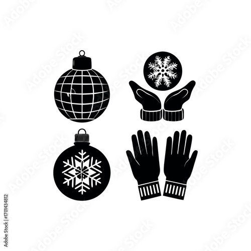 Black and white winter holiday icon set featuring ornaments and gloves