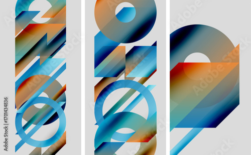 Abstract artwork features numbers, vibrant colors, geometric shapes. Blue, orange hues dominate composition. Modern design.