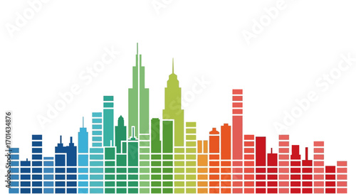 A vibrant, stylized cityscape rendered as a colorful sound wave or equalizer, showcasing a spectrum of building heights and hues against a white background.