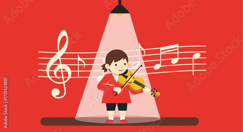 A cartoon girl in a red jacket performs a violin solo on stage, illuminated by a spotlight with musical notes in the background.
