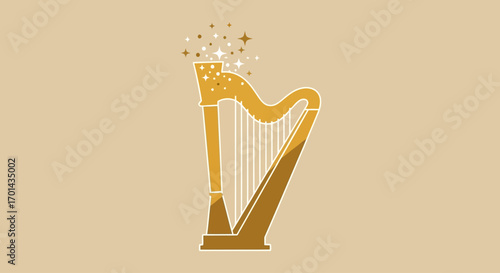A golden harp illustration with sparkling stars emanating from its top, set against a light beige background.