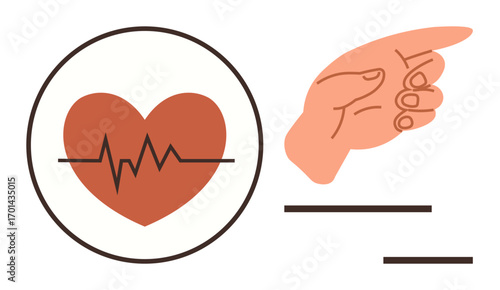 Heartbeat signal drawn inside a heart outline and a hand gesture pointing direction. Ideal for healthcare, cardiology, wellness, navigation, advice, decision-making, simple flat metaphor