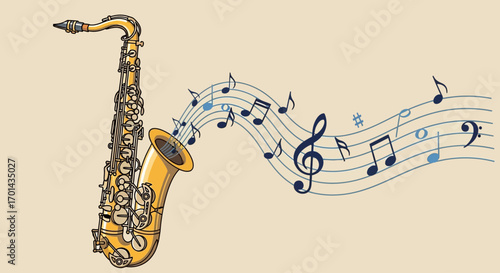 A golden saxophone playing a melody, with musical notes flowing from its bell on a wavy staff.