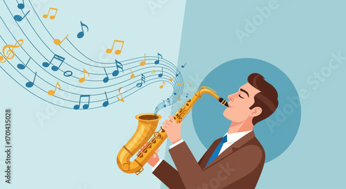 An illustration of a stylish man in a suit playing a golden saxophone with vibrant musical notes emanating.