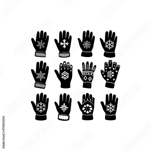 Winter Warmth A Festive Collection of Black and White Gloves with Snowflakes