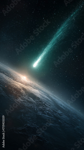 A photo from the planet's orbit - a comet flying through space with a bright tail glowing in the darkness of space