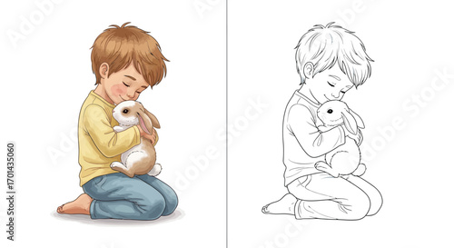 Boy Hugging a Bunny Gentle Spring Time Activity Line Art Drawing Coloring Page