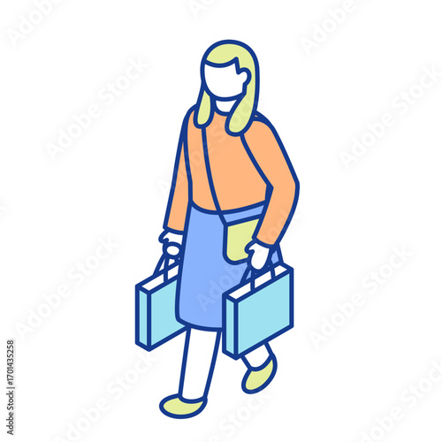 An isometric illustration of a woman shopping. A shopper holding numerous shopping bags in her hands.