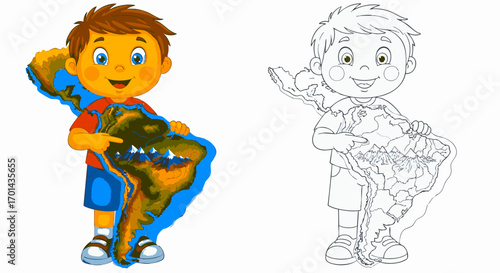 Adorable cartoon boy enthusiastically pointing at a vibrant map of South America, illustrating geography and learning