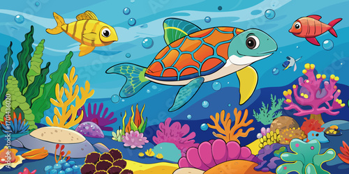 Create a vivid and colorful underwater scene teeming with marine life. Include a graceful sea turtle gliding through clear blue water, a sleek shark swimming nearby, and a variety of tropical fish in 