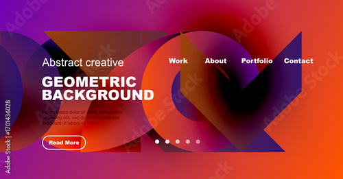 Vibrant geometric design. Abstract shapes, gradients create modern website header. Text promotes portfolio, contact options visible.