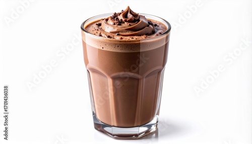 Chocolate milkshake with whipped cream in a glass.