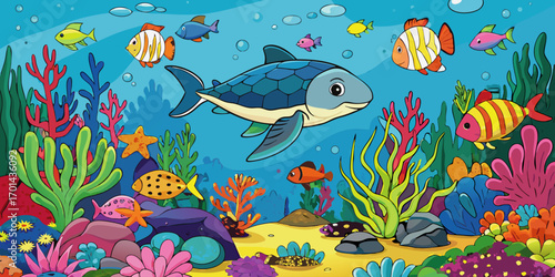 Create a vivid and colorful underwater scene teeming with marine life. Include a graceful sea turtle gliding through clear blue water, a sleek shark swimming nearby, and a variety of tropical fish in 
