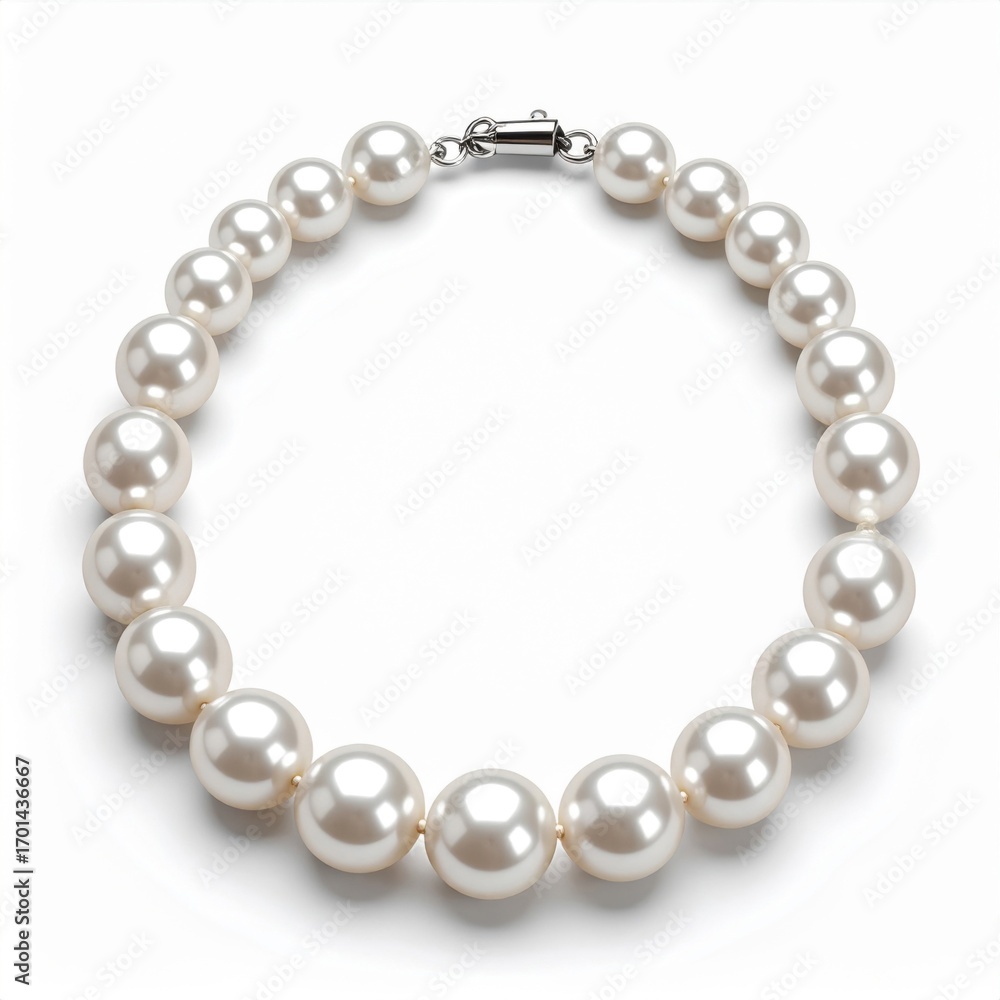 Obraz premium Elegant Pearl Necklace on White Backdrop Shimmers Under Bright Studio Lighting Reveals Silver Clasp and Round