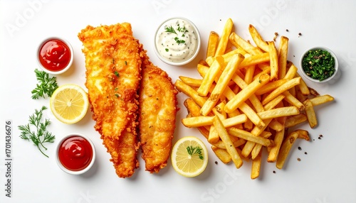 Crispy Fried Fish and Chips with Dipping Sauces Top View.