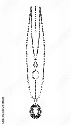 Monochrome Illustration of Long Necklace Featuring Round and Intricate Ornamental Pendant