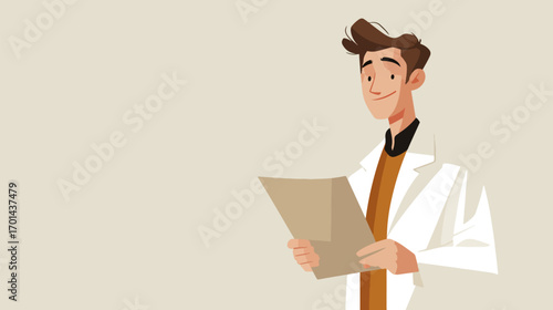 Person in white coat reading documents