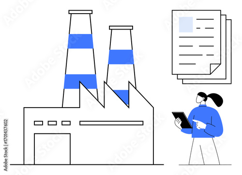 Factory with chimneys, worker reviewing information on tablet, and paper documents. Ideal for industry, manufacturing, workflow, technology, planning, business operations simple landing page