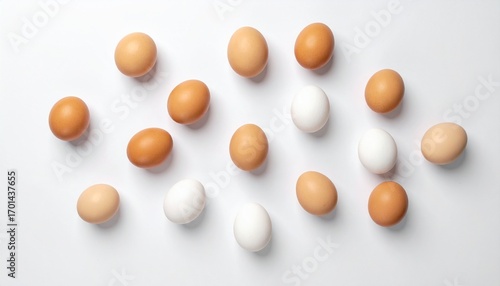 Fresh Brown and White Chicken Eggs on a White Background.