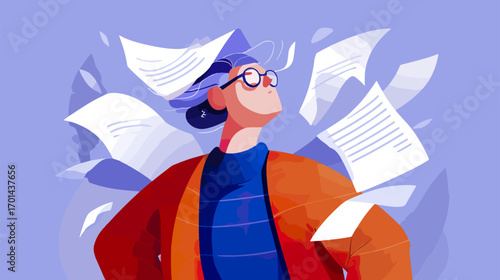 Person looking up at flying documents