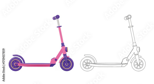 Cute Cartoon Scooter Toddlers Line Art Drawing Coloring Sheet Simple Vehicle
