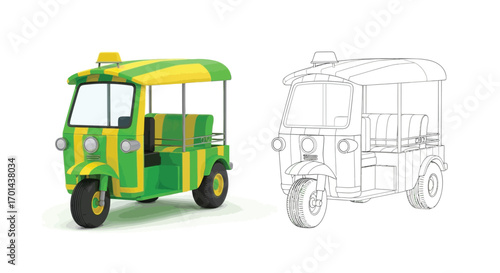 Cartoon Tuk Tuk Rickshaw Line Art Drawing Coloring Page for Kids Fun Vehicle