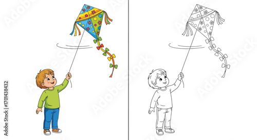 Happy Child Flying a Kite in Spring Time Line Art Drawing Fun Kids Coloring Page