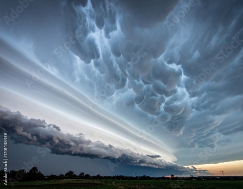 Dramatic Mammatus Cloud Formation Over Rural Landscape at Dusk with Green Field