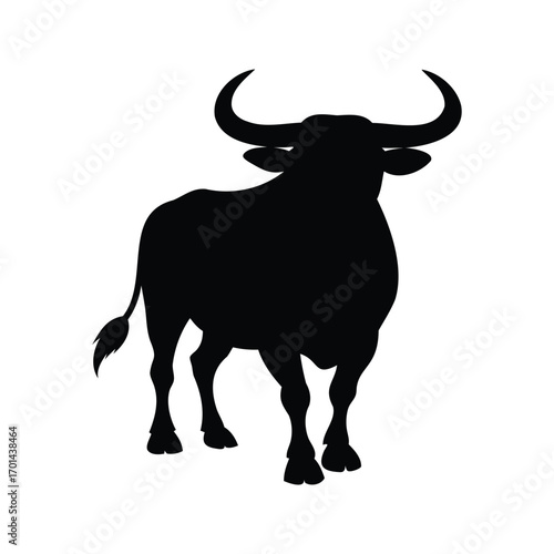 Powerful bull in black silhouette standing alert on a white background, bull with raised head silhouette vector illustration