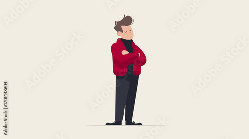 Person standing arms crossed red jacket