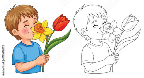 Child Smelling a Fresh Spring Flower Gentle Nature Line Art Drawing Coloring Page