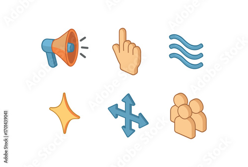 isometric icon items isolated on white background influence hand icon ripple lines glow arrow spread group figures