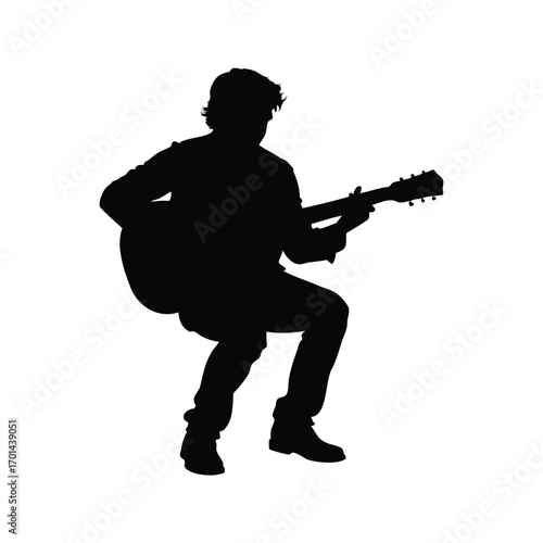 Silhouette of a person playing an acoustic guitar while seated in black, guitarist playing acoustic guitar silhouette vector illustration