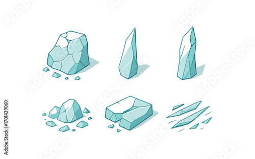 isometric icon items isolated on white background fragment cracked slab stone piece sharp edge dust bits chipped. isometric icon items isolated on white background shattered fragment glass