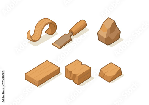 isometric icon items isolated on white background chip stone bit tool broken edge board cut small piece