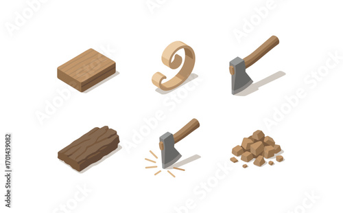 isometric icon items isolated on white background wood chip curled shaving axe bark piece tool pile bits