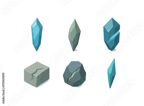 isometric icon items isolated on white background crystal shard pointed edge fractured line glowing cut stone splinter bit