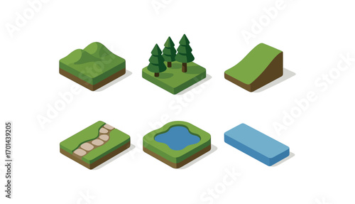 isometric icon items isolated on white background natural landscape forest cover hill slope stone path lake sky band