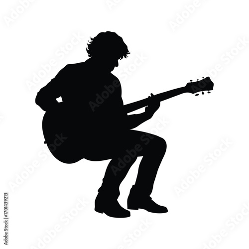 Silhouette of a guitarist lost in his music while playing his guitar, guitarist strumming silhouette vector illustration