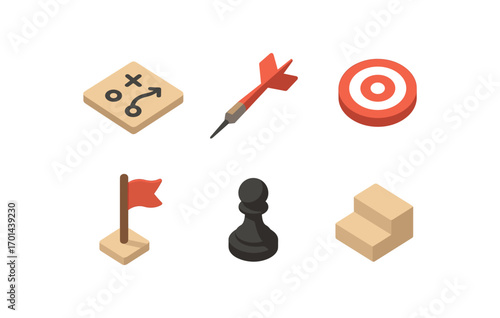isometric icon items isolated on white background tactic dart arrow bullseye ring flag chess pawn short step