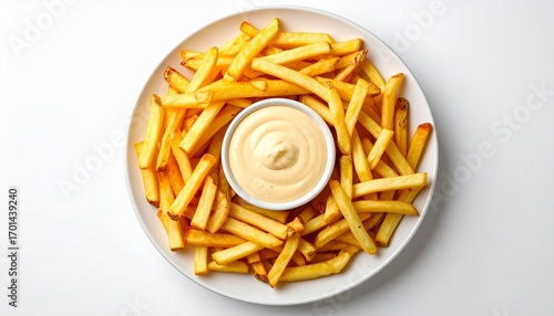 Golden French Fries with Creamy Dip Top View.