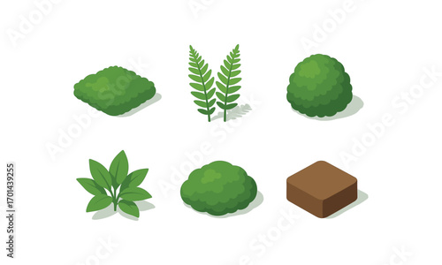 isometric icon items isolated on white background green vegetation fern fronds moss patch shrub icon leaf cluster soil base