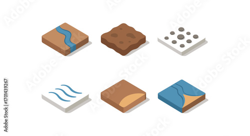 isometric icon items isolated on white background river sediment mud patch pebble dots current line deposit edge