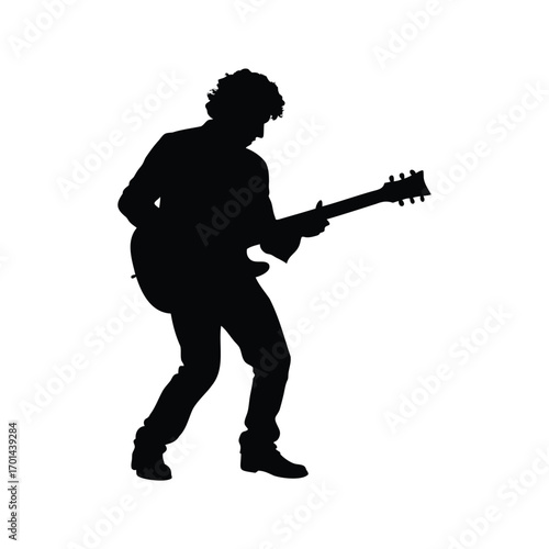 Silhouette of a curly haired man playing electric guitar with passion, guitarist strumming silhouette vector illustration