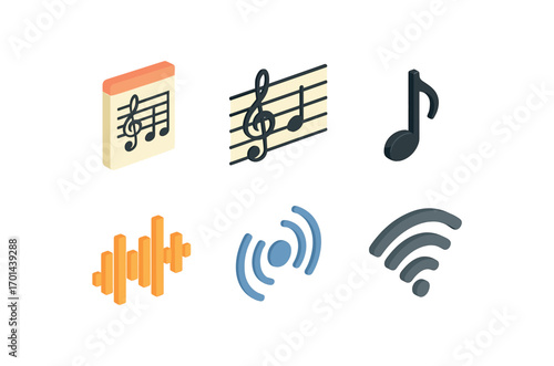 isometric icon items isolated on white background note music staff round head stem line sound wave echo arc