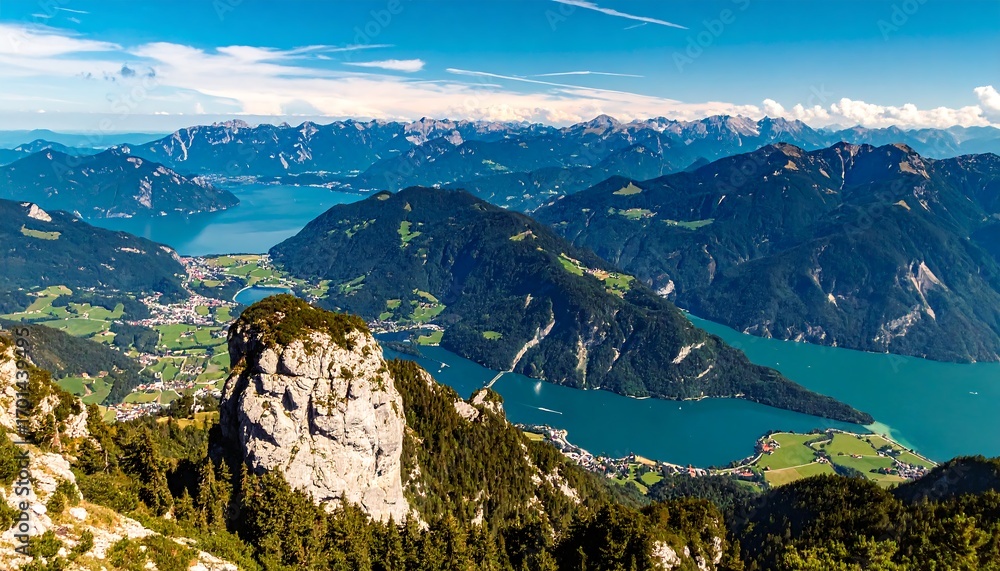 Obraz premium A breathtaking vista of a turquoise lake nestled among towering alpine peaks, showcasing a picturesque valley below.