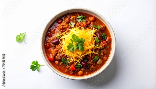 Hearty bowl of homemade chili con carne with cheese and parsley.