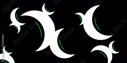 Abstract white crescent shapes with green highlights on a black background, creating a modern geometric pattern with artistic symmetry and bold contrast.