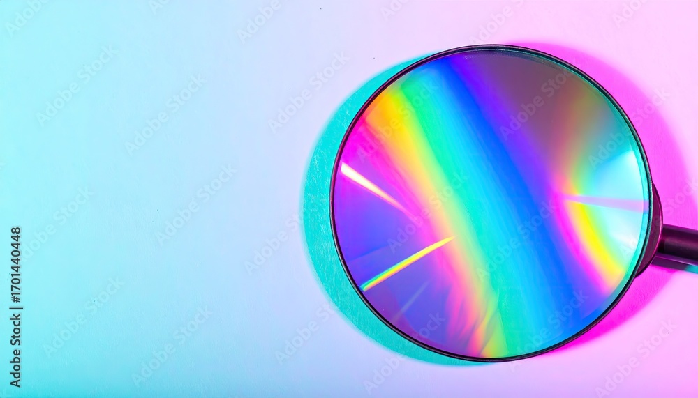 Obraz premium Magnifying Glass with Rainbow Caustic Reflections on Pink and Blue Background